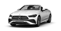 Zu sehen ist ein weißer Mercedes Benz Cabrio vor einem weißen Hintergrund