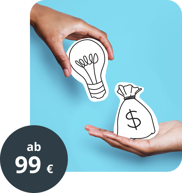 Zu sehen ist eine offene Hand mit einem Geldsack als Zeichnung und darüber eine Hand die eine gezeichnete Glühbirne hält. Vor einem blauen Hintergrund. 