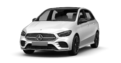 Zu sehen ist ein weißer Mercedes Benz B Klasse vor einem weißen Hintergrund