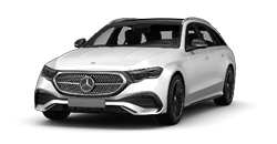 Zu sehen ist ein weißer Mercedes Benz E Klasse vor einem weißen Hintergrund